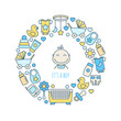 Its a boy greeting card design. Vector baby line art icons set in circle shape. Nursery and kids care