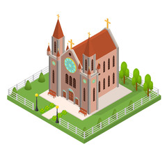 Poster - Christian Catholic Church Concept 3d Isometric View. Vector