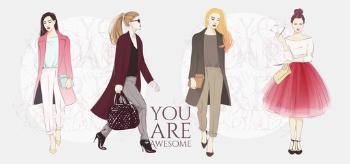 Beautiful hipster young long hair women in a fashion jackets, retro clothes and pants. Vector hand drawn sketch illustration.