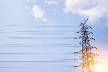 Electricity concept. Close up high voltage power lines station.