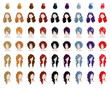 Big set of colorful beautiful female hair style sprites. Vector game design for app