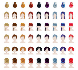 Big set of beautiful female hair style sprites. Vector game design for app