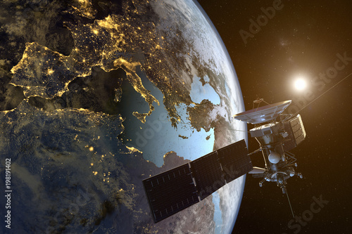 Fotografía 3D rendering of a satellite orbiting the earth with illuminated cities at night