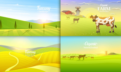 Rural landscape and cows. Farm Agriculture. Vector illustration. Poster with meadow, Countryside, retro village for info graphic, websites. Milk and dairy, Windmill and hay. Summer morning background.