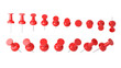 Collection of various red push pins. Thumbtacks on white background, 3d illustration