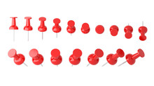 Collection Of Various Red Push Pins. Thumbtacks On White Background, 3d Illustration