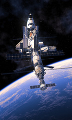 Wall Mural - space shuttle and space station orbiting earth