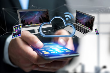 Wall Mural - devices like smartphone, tablet or computer flying over connected cloud - 3d render