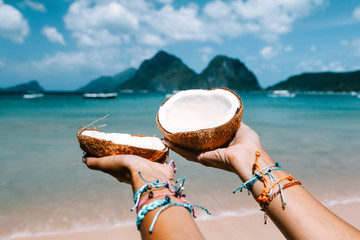 Girl relaxing on the tropical beach in Asia