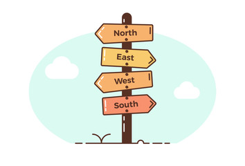 wooden direction signposts pointing towards four directions. north, east, west, south. vector illust
