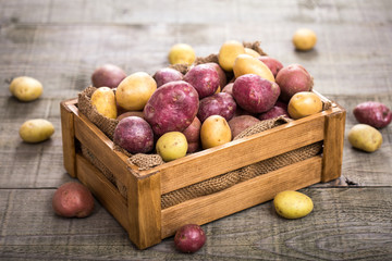 Fresh raw potatoes in the crate