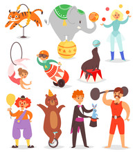 Circus People Vector Acrobat And Clown With Trained Animals Characters In Circus-tent Illustration Set Of Magician And Circusman With Elephant Or Bear Isolated On White Background