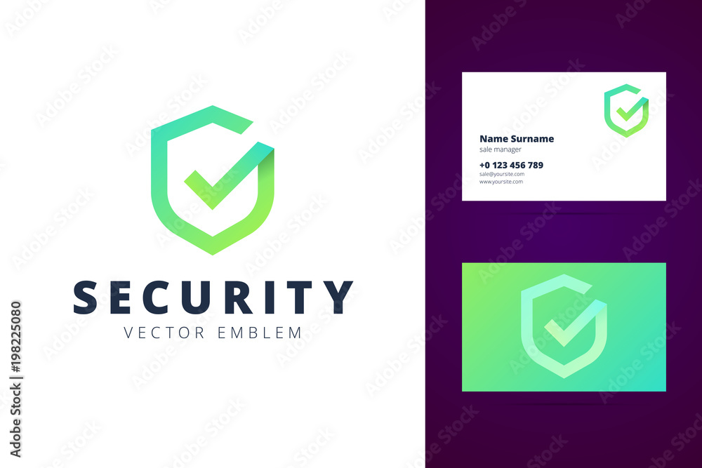 Shield logo and business card template in modern gradient line style ...