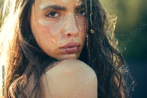 Honey Dessert Or Nectar On Woman Face Natural Organic Facial Mask