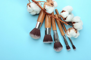 Wall Mural - Different brushes of professional makeup artist on color background