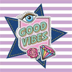 Canvas Print - good vibes diamond flower eye patches fashion on striped background vector illustration