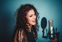 Singer. Woman Lady Girl Singing With Microphone Singing