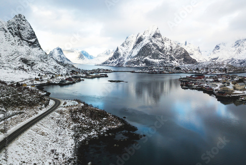 Beautiful Winter Snowy Wide Angle Summer Aerial View Of Reine