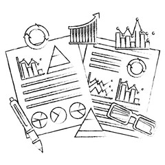 Sticker - business documents report presentation statistics graphs pen and glasses vector illustration sketch design