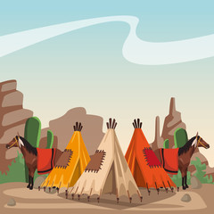 Wall Mural - Indian village with horses and tents vector illustration graphic design