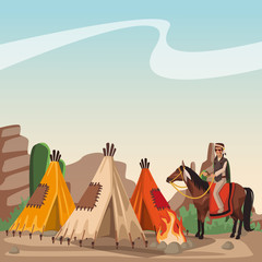 Sticker - Indian village with horses and tents vector illustration graphic design