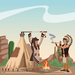 Sticker - American indian tribe at village cartoon vector illustration graphic design