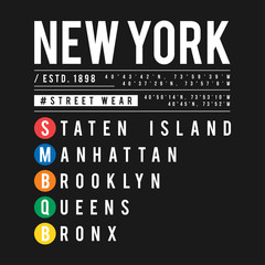 Wall Mural - T-shirt design in the concept of New York City subway. Cool typography with boroughs of New York for shirt print. T-shirt graphic in urban and street style