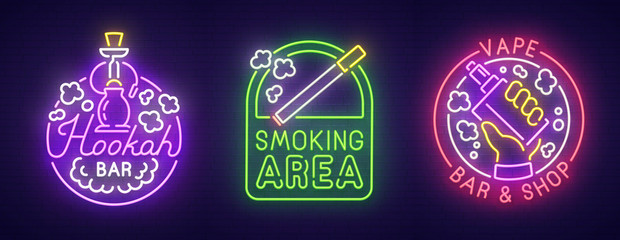 Wall Mural - Big set neon sing. Smoke, Vape and Hookah bar . Smoking banner, logo, emblem and label. Bright signboard, light banner. Vector illustration