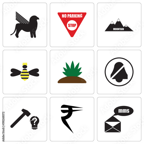 Stampe Set Of 9 simple editable icons such as mms, rupees, problem solving, quiet, agav
