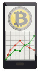 bitcoin coins with growth graph on a phone screen