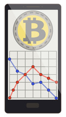 bitcoin coins with growth graph on a phone screen