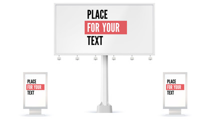 Billboard and Lightbox, ad panel placeholder for advertisement. 3D illustration isolated on white background. Set of construction of blank billboard icons, mock-up in full size