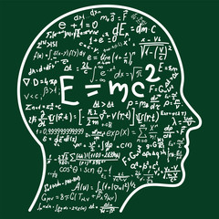 Scientific thinking. Outline of head filling math and physics formulas. Can illustrate topics related to science.