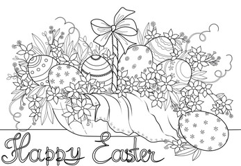  Easter eggs in a festive basket with spring flowers. Coloring page