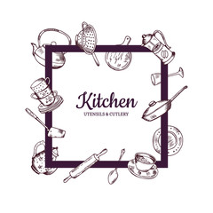 Wall Mural - vector frame with hand drawn kitchen utensils