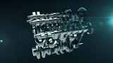 Fototapeta Abstrakcje - 3D shot of a working V8 engine with lens flare effect. Pistons, camshaft, valves and other mechanical parts are in motion.