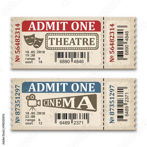 Cinema and theater tickets in retro style. Two admission tickets