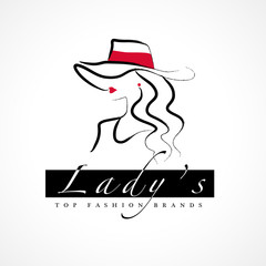 Wall Mural - vector artistic logo with hand drawn lady in hat portrait isolated on white background. outline draw