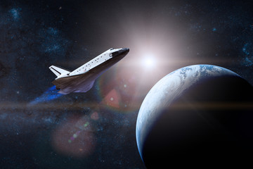 Wall Mural - blue planet earth. space shuttle taking off on a mission. elements of this image furnished by nasa.