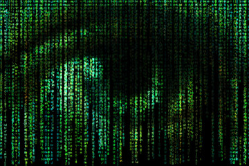 Digital eye. Green matrix background. Concept of Artificial Intelligence