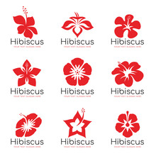 Red Hibiscus Flower Logo Sign Vector Set Design