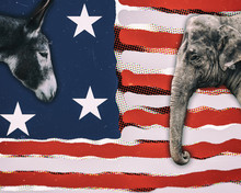 Political Animals, A Donkey Representing Democrats And An Elephant Representing Republicans, Against An Modern Art American Flag.