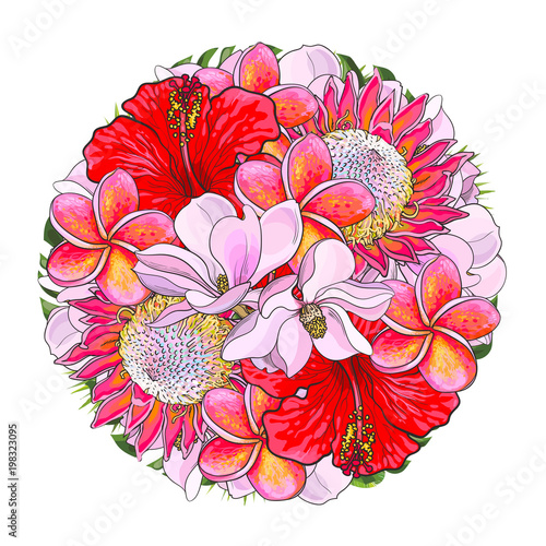 Tropical flowers in bouquet of sphere shape isolated on white background. Bea...
