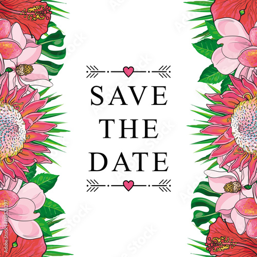 Tropical flowers border for wedding invitation isolated on white background. ...