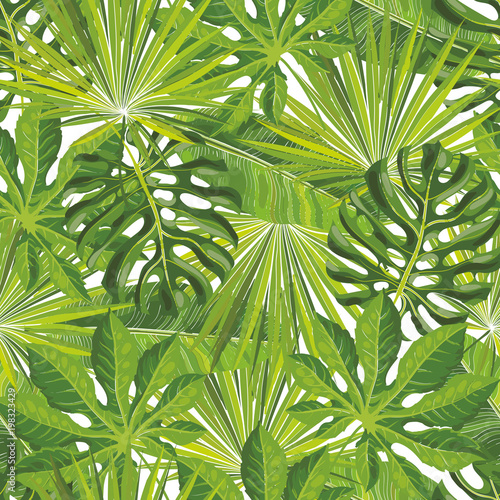 Seamless tropical leaves pattern with green palm branches in sketch style. Ha...