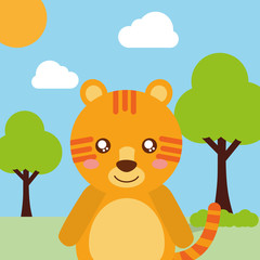 Poster - cute animal tiger cartoon landscape trees clouds vector illustration