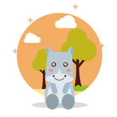 Sticker - cute hippo sit with landscape trees natural vector illustration