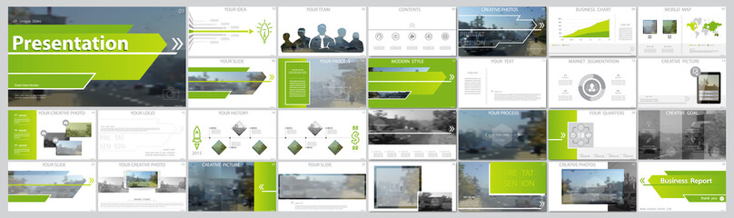 Original presentation templates. Set of green, elements of infographics, white background. Flier, postcard, corporate report, marketing, advertising, banner. Slide show, slide for brochure, booklet