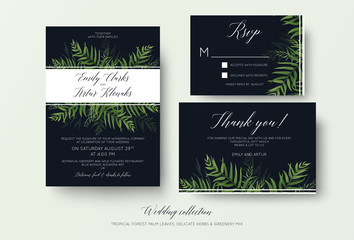 Wedding invitation, rsvp, thank you cards floral design with green tropical forest palm leaves, eucalyptus branches & cute greenery herbal mix decoration on dark blue. Beautiful botanical template set