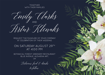 Wedding invite, save the date card delicate design with white orchid flowers, greenery eucalyptus, tropical forest palm green leaves decoration. Elegant, beauty vector template on dark blue background